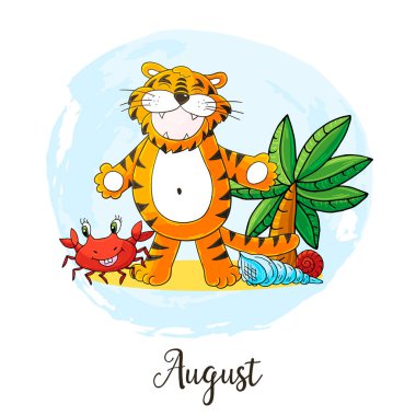 Takvim dekorasyonu için 2022 yılı sembolü. Ağustos 2022. Çin ya da Doğu takvimine göre Kaplanın Yeni Yılı. El çizimi biçiminde sevimli vektör illüstrasyonu