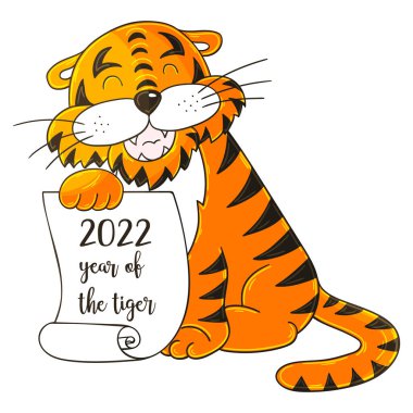 2022 'nin sembolü. Elinde kaplan olan vektör çizimi. Yeni yıl 2022. Kaplan oturur ve bir parşömen tutar. Kartlar, takvimler, posterler, el ilanları için çizgi film hayvanı