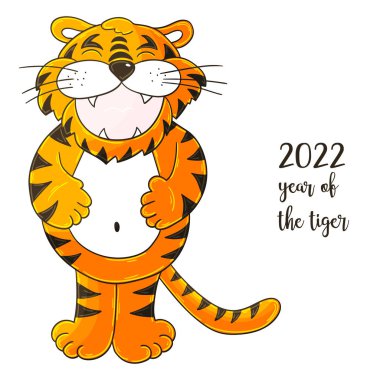 2022 'nin sembolü. Elinde kaplan olan vektör çizimi. Yeni yıl 2022. Neşeli kaplan, ayakta duruyor ve karnına tutunuyor. Kartlar, takvimler, posterler, el ilanları için çizgi film hayvanı