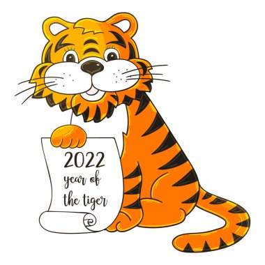 2022 'nin sembolü. Elinde kaplan olan vektör çizimi. Yeni yıl 2022. Kaplan oturur ve bir parşömen tutar. Kartlar, takvimler, posterler için çizgi film hayvanı