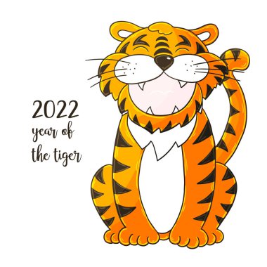 2022 'nin sembolü. Elinde kaplan olan vektör çizimi. Yeni yıl 2022. Kaplan oturuyor. Kartlar, takvimler, posterler için çizgi film hayvanı