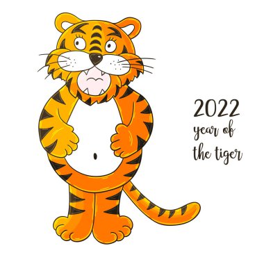 2022 'nin sembolü. Elinde kaplan olan vektör çizimi. Yeni yıl 2022. Neşeli kaplan, ayakta duruyor ve karnına tutunuyor. Çizgi film hayvanı