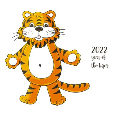 2022 'nin sembolü. Elinde kaplan olan vektör çizimi. Yeni yıl 2022. Dost canlısı kaplan, sarıl bana. Takvimler, posterler, el ilanları için çizgi film hayvanı.