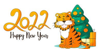 2022 'nin sembolü. Elinde kaplan olan bir vektör kartı. Yeni yıl. Mektup 2022. Kartlar ve takvimler için çizgi film çizimi