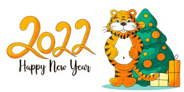 2022 'nin sembolü. Elinde kaplan olan bir vektör kartı. Yeni yıl. Mektup 2022. Kartlar, takvimler, posterler, el ilanları için karikatür çizimi