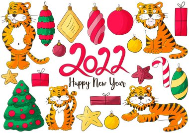 2022 'nin sembolü. Kaplanlar ve yeni yıl unsurları el çizimi tarzında. Vektör illüstrasyonlarının koleksiyonu