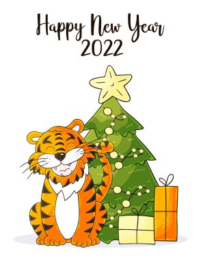 2022 'nin sembolü. Yeni yıl kartı el çizimi tarzında. Noel ağacı, hediyeler, kaplan. Yeni yıl 2022