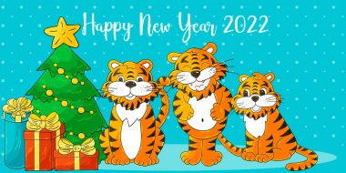 2022 'nin sembolü. El çizimi şeklinde uzun bir yeni yıl kartı. Noel ağacı, hediyeler. Üç kaplan. Kartpostallar, takvimler, posterler için karikatür çizimi