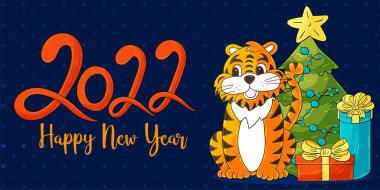 2022 'nin sembolü. Mektup 2022. Elinde bir kaplan olan koyu vektör tebrik kartı. Yeni yıl. Kartlar ve takvimler için çizgi film çizimi