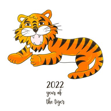 2022 'nin sembolü. Elinde kaplan resmi olan bir resim. Yeni yıl 2022 Tiger yalan söylüyor. Kartlar, takvimler, posterler, el ilanları için çizgi film hayvanı