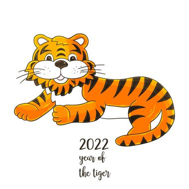 2022 'nin sembolü. Elinde kaplan resmi olan bir resim. Yeni yıl 2022 Tiger yalan söylüyor. Takvimler, posterler için çizgi film hayvanı.