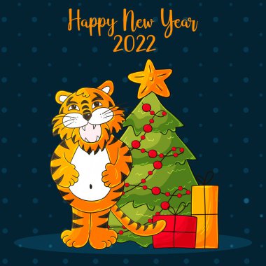 2022 'nin sembolü. Mavi kare yeni yıl kartı el çizimi tarzında. Noel ağacı, hediyeler, kaplan. 2022 yılı kaplanı. Kartlar ve takvimler için çizgi film çizimi