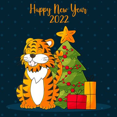 2022 'nin sembolü. Mavi kare yeni yıl kartı el çizimi tarzında. Noel ağacı, hediyeler, kaplan. 2022 yılı kaplanı. Kartlar ve takvimler için çizgi film çizimi