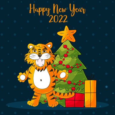 2022 'nin sembolü. Mavi kare yeni yıl kartı el çizimi tarzında. Noel ağacı, hediyeler, kaplan. 2022 yılı kaplanı. Kartlar, takvimler, posterler, el ilanları için karikatür çizimi