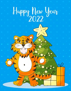 2022 'nin sembolü. Mavi Yeni Yıl kartı el çizimi tarzında. Noel ağacı, hediyeler, kaplan. Yeni yıl 2022. Kartpostallar, takvimler, posterler, el ilanları için karikatür çizimi
