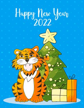 2022 'nin sembolü. Mavi Yeni Yıl kartı el çizimi tarzında. Noel ağacı, hediyeler, kaplan. Yeni yıl 2022. Kartpostallar, takvimler için karikatür çizimi