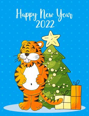 2022 'nin sembolü. Mavi Yeni Yıl kartı el çizimi tarzında. Noel ağacı, hediyeler, kaplan. Yeni yıl 2022. Kartpostallar, takvimler, posterler için karikatür çizimi