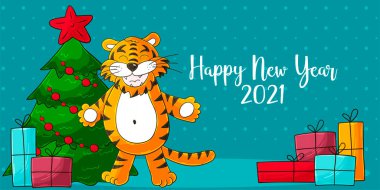 2022 Astrolojik Sembolü. El çizimi şeklinde uzun bir yeni yıl kartı. Noel ağacı, hediyeler, kaplan. Kartpostallar, takvimler için karikatür çizimi