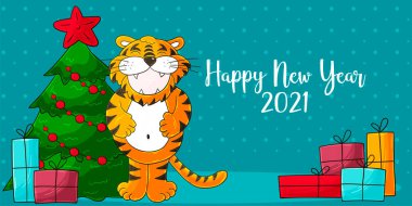 2022 Astrolojik Sembolü. El çizimi şeklinde uzun bir yeni yıl kartı. Noel ağacı, hediyeler, kaplan. Kartpostallar, takvimler, posterler, el ilanları için karikatür çizimi