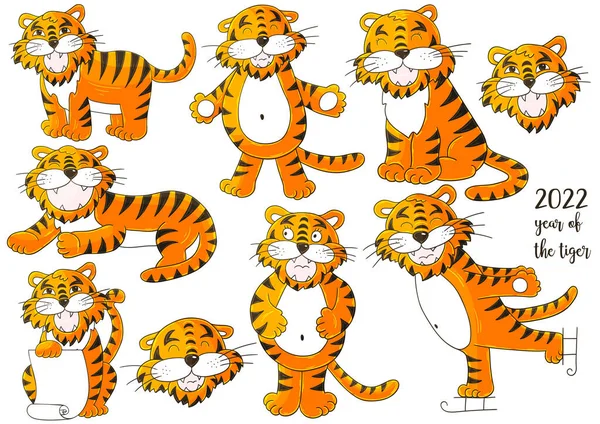 Ensemble Tigres Style Dessin Main Symbole 2022 Des Visages Tigres — Image vectorielle