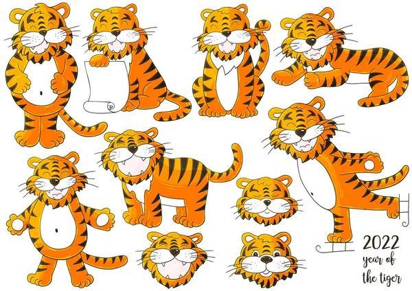 Conjunto Tigres Mão Desenhar Estilo Símbolo 2022 Caras Tigres Ano —  Vetores de Stock