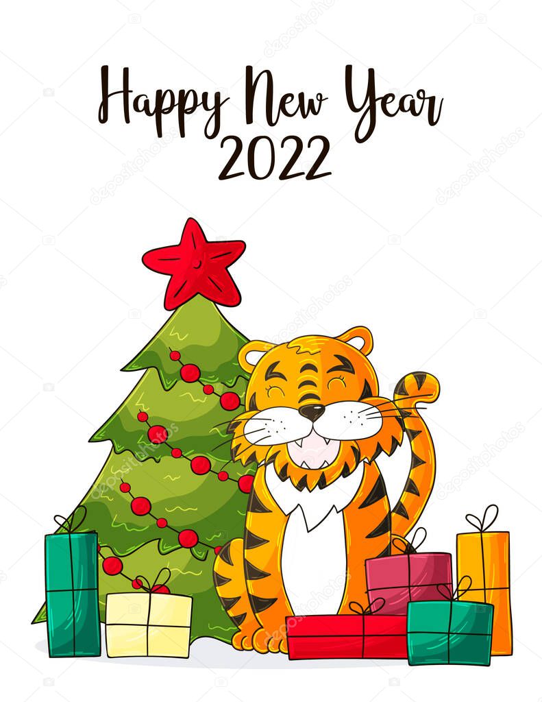 Symbol of 2022. Christmas tree, gifts, tiger. New year 2022. New Year card in hand draw style
