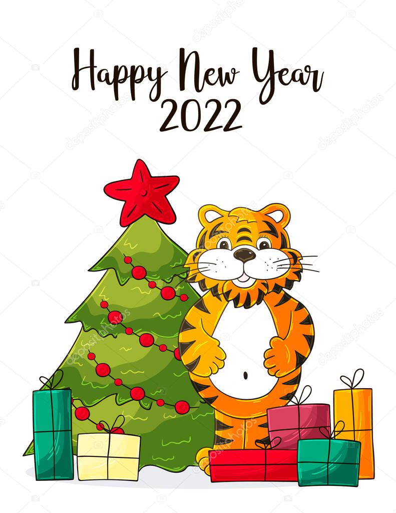 Symbol of 2022. Christmas tree, gifts, tiger. New year 2022. New Year card in hand draw style. Cartoon illustration