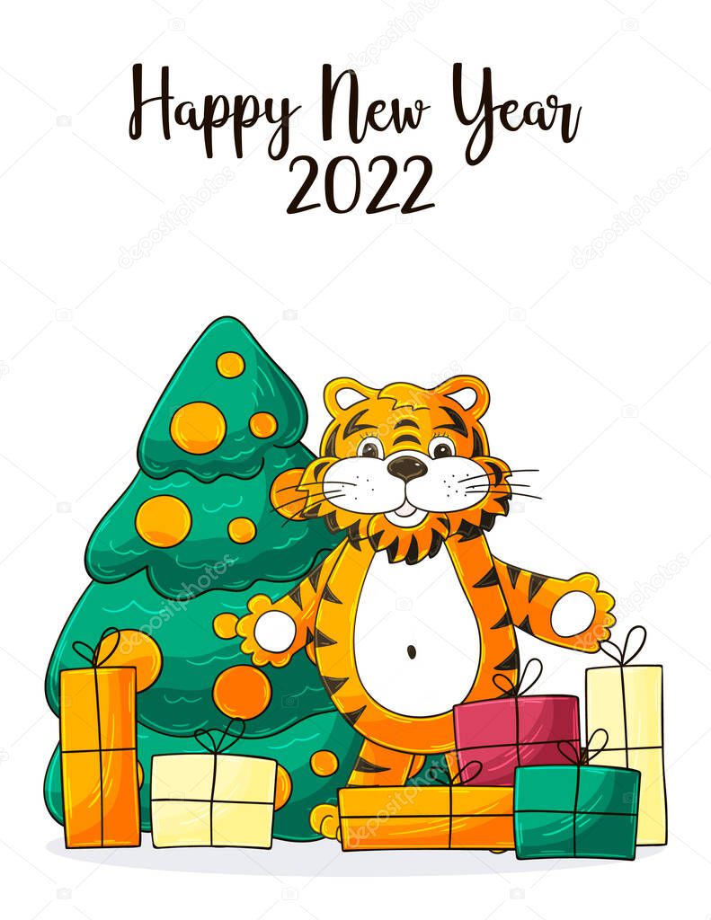 Symbol of 2022. Christmas tree, gifts, tiger. New year 2022. New Year card in hand draw style. Cartoon illustration for postcards, calendars, posters, flyers