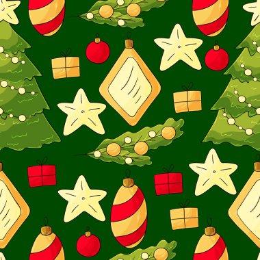 Yeni yıl. Yıldızlı kusursuz vektör deseni, Noel ağacı süslemeleri. Kalıplar el çekme tarzında. Kumaş, ambalaj, ambalaj vs. için kullanılabilir