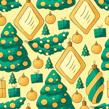 Yılbaşı tatilleri. Noel ağacı süslemeleri ve hediyeleri olan kusursuz bir vektör deseni. Kalıplar el çekme tarzında. Kumaş ve benzeri şeyler için kullanılabilir.