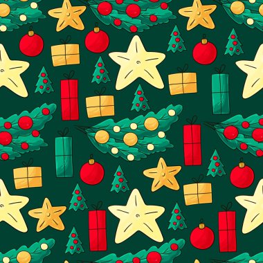 Kalıplar el çekme tarzında. Yeni yıl. Yıldızlı kusursuz vektör deseni, Noel ağacı süslemeleri. Kumaş, ambalaj, ambalaj vs. için kullanılabilir