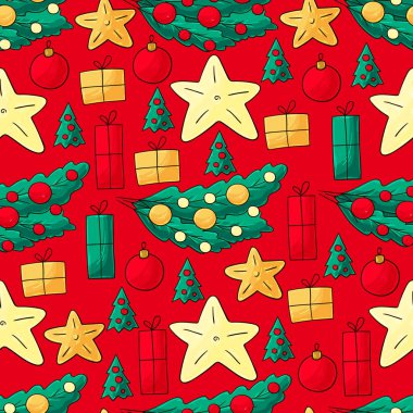 Kalıplar el çekme tarzında. Yeni yıl. Yıldızlı kusursuz vektör deseni, Noel ağacı süslemeleri. Kumaş, ambalaj, ambalaj kağıdı vs. için kullanılabilir
