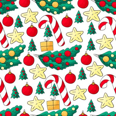 Kalıplar el çekme tarzında. Yeni yıl. Yıldızlı kusursuz vektör deseni, Noel ağacı süslemeleri. Kumaş, ambalaj vesaire için kullanılabilir