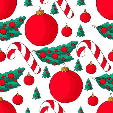 Çubuklu kusursuz vektör deseni, Noel ağacı süslemeleri. Kalıplar el çekme tarzında. Yeni yıl. Kumaş, ambalaj, ambalaj kağıdı, tekstil ve benzeri şeylerde kullanılabilir.