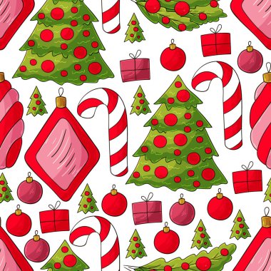 Noel ağacı süslemeleri ve hediyeleri olan kusursuz bir vektör deseni. Kalıplar el çekme tarzında. Yeni Yıl