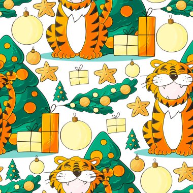 Kaplan 2022 yılı için kusursuz vektör deseni. Kalıplar el çekme tarzında. Kaplan, Noel ağacı, hediyeler. Kumaş ve benzeri şeyler için kullanılabilir.