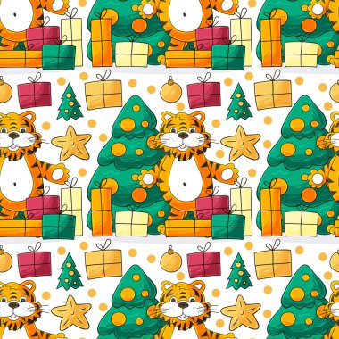 Kaplan 2022 yılı için kusursuz vektör deseni. Kalıplar el çekme tarzında. Kaplan, Noel ağacı, hediyeler. Kumaş için kullanılabilir.