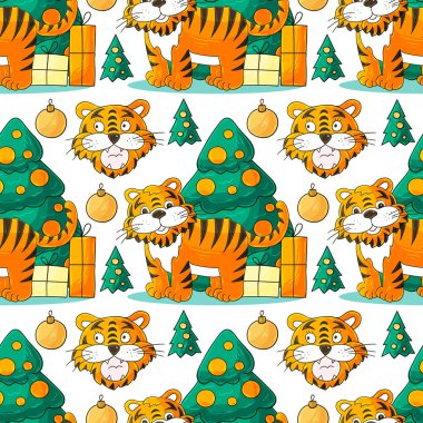 Kaplan 2022 yılı için kusursuz vektör deseni. Kalıplar el çekme tarzında. Kaplan, Noel ağacı, hediyeler. Kumaş, ambalaj, ambalaj vs. için kullanılabilir