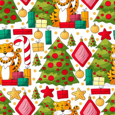 Kaplan 2022 yılı için kusursuz vektör deseni. Kalıplar el çekme tarzında. Kaplan, Noel ağacı, hediyeler, şeker kamışı. Kumaş, ambalaj, ambalaj kağıdı vs. için kullanılabilir