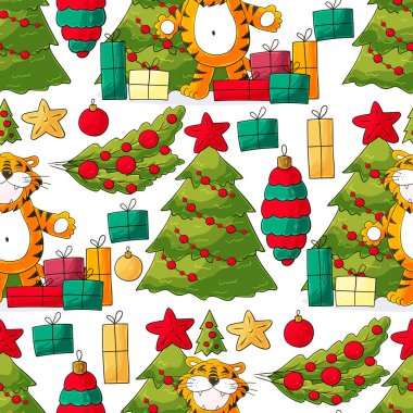 Kaplan 2022 yılı için kusursuz vektör deseni. Kalıplar el çekme tarzında. Kaplan, Noel ağacı, hediyeler