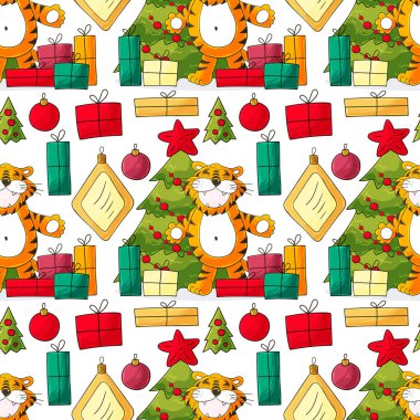 Kaplan 2022 yılı için kusursuz vektör deseni. Kalıplar el çekme tarzında. Kaplan, Noel ağacı, hediyeler, Noel ağacı süslemeleri. Kumaş, ambalaj vs. için kullanılabilir
