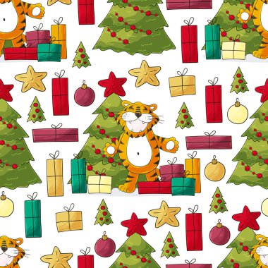 Kaplan 2022 yılı için kusursuz vektör deseni. Kalıplar el çekme tarzında. Kaplan, Noel ağacı, hediyeler, Noel ağacı süslemeleri. Kumaş, ambalaj, ambalaj vs. için kullanılabilir