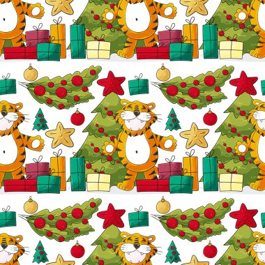 Kaplan 2022 yılı için kusursuz vektör deseni. Kalıplar el çekme tarzında. Kaplan, Noel ağacı, hediyeler, Noel ağacı süslemeleri. Kumaş, ambalaj, ambalaj kağıdı vs. için kullanılabilir
