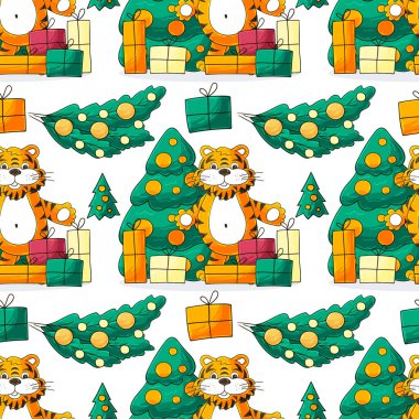 Kaplan 2022 yılı için kusursuz vektör deseni. Kalıplar el çekme tarzında. Kaplan, Noel ağacı, hediyeler. Kumaş, ambalaj, ambalaj kağıdı, tekstil ve benzeri şeylerde kullanılabilir.