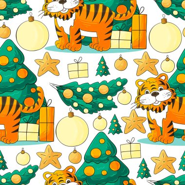 Kalıplar el çekme tarzında. Kaplan 2022 yılı için kusursuz vektör deseni. Kaplan, Noel ağacı, hediyeler, Noel ağacı süslemeleri. Kumaş, ambalaj vs. için kullanılabilir