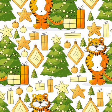 Kalıplar el çekme tarzında. Kaplan 2022 yılı için kusursuz vektör deseni. Kaplan, Noel ağacı, hediyeler, Noel ağacı süslemeleri. Kumaş, ambalaj, ambalaj kağıdı, tekstil ve benzeri şeylerde kullanılabilir.