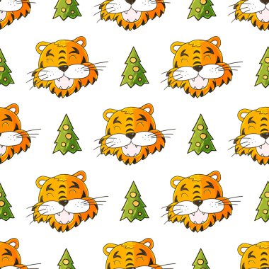 Noel şapkalı kaplan başları ve Noel ağaçlarıyla kusursuz vektör deseni. Kalıplar el çekme tarzında. 2022 yılı kaplanı. Kumaş, ambalaj, ambalaj kağıdı, tekstil ve benzeri şeylerde kullanılabilir.