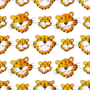 Kaplan yüzlü kusursuz vektör deseni. Kalıplar el çekme tarzında. 2022 yılbaşı tatili. Kaplan Yılı. Kumaş ve benzeri şeyler için kullanılabilir.