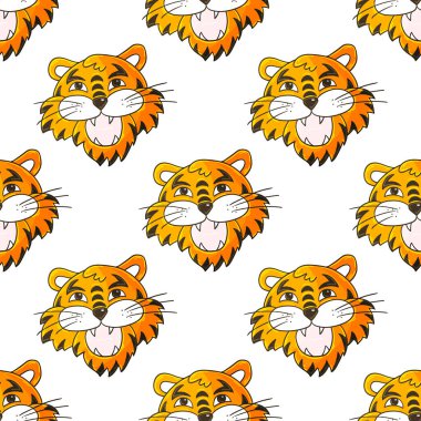 Kaplan yüzlü kusursuz vektör deseni. Kalıplar el çekme tarzında. 2022 yılbaşı tatili. Kaplan Yılı