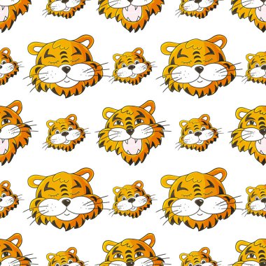 Kaplan yüzlü kusursuz vektör deseni. Kalıplar el çekme tarzında. 2022 yılbaşı tatili. Kaplan Yılı. Kumaş, ambalaj, ambalaj kağıdı vs. için kullanılabilir